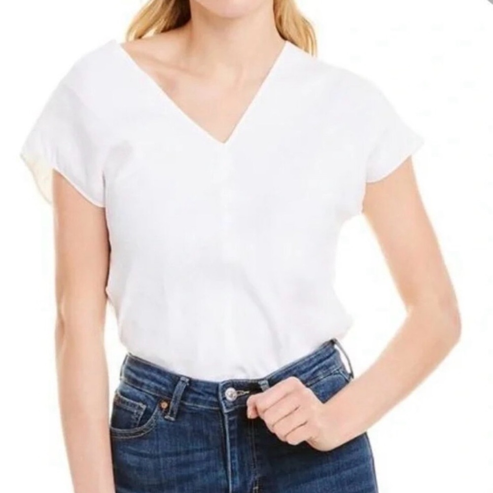 Helmut Lang Asymmetric Linen Blend Top size 4 White V Neck Short Sleeve